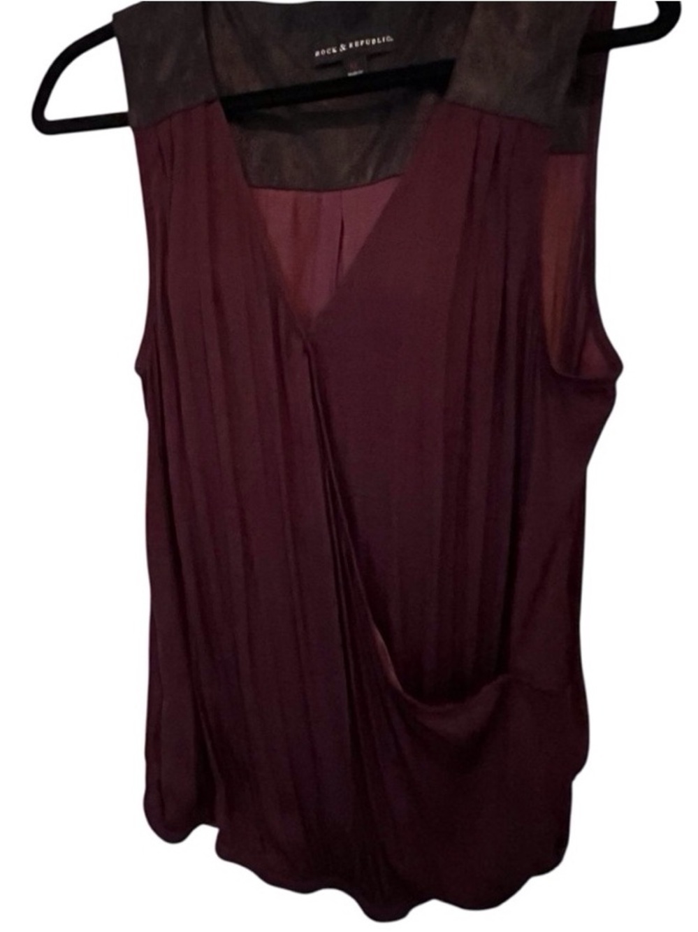 Rock & Republic Burgundy Draped Sleeveless Camisole with Sheer Yoke